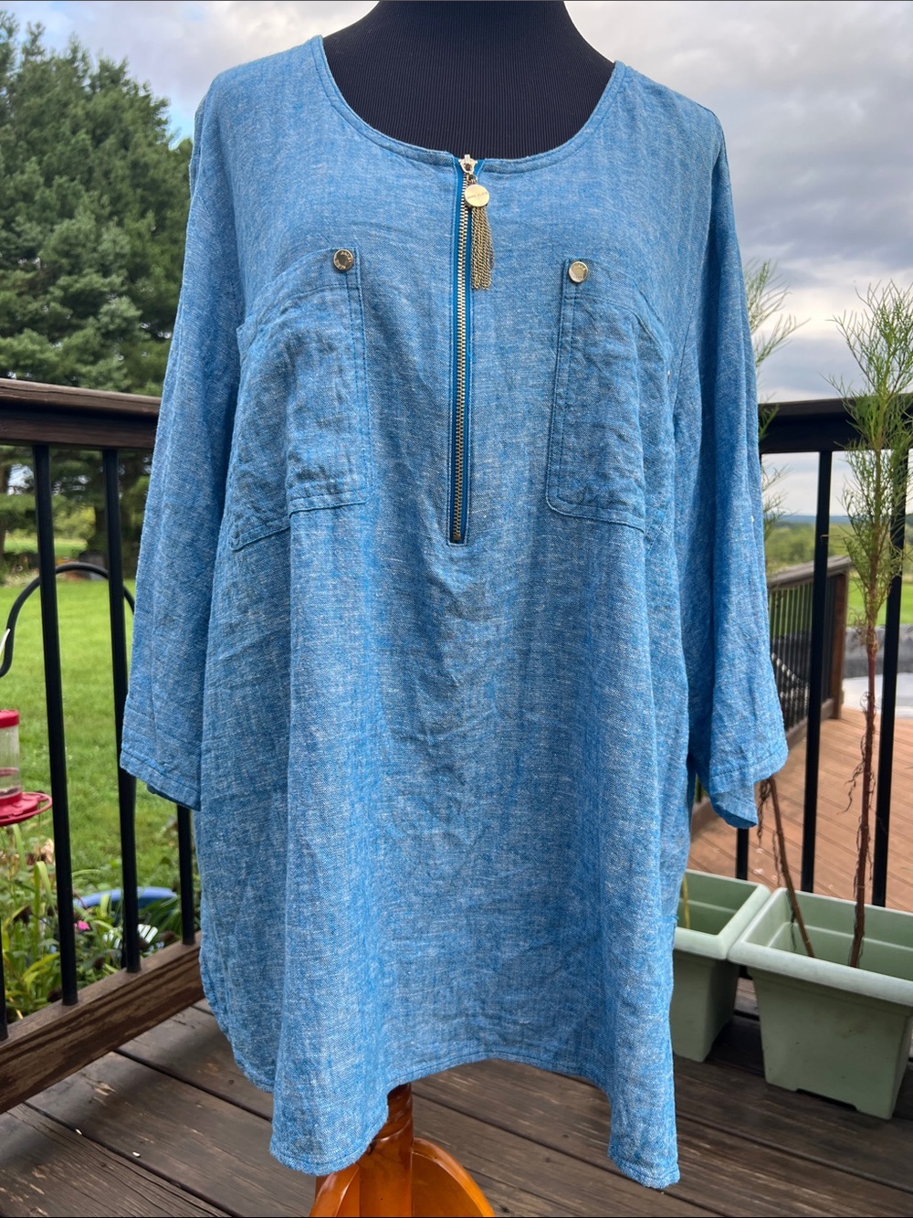 Anne Klein Blue Zip-Front Casual Button Down Shirt